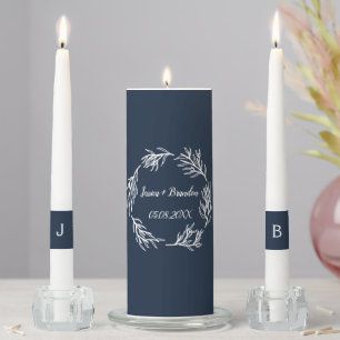 Navy Blue Floral Couple Monogrammed Elegant Unity Candle Set