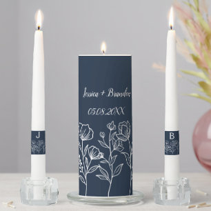 Navy Blue Floral Couple Monogrammed Elegant Unity Candle Set