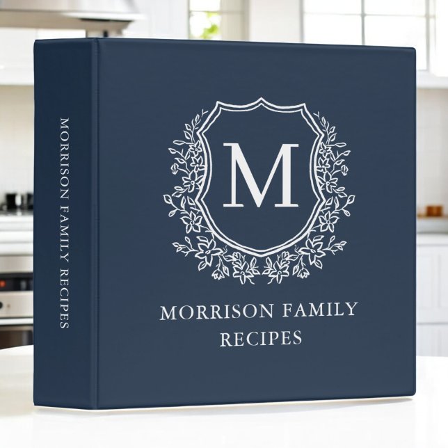 Navy Blue Floral Crest Monogram Family Recipe 3 Ring Binder (Creator Uploaded)