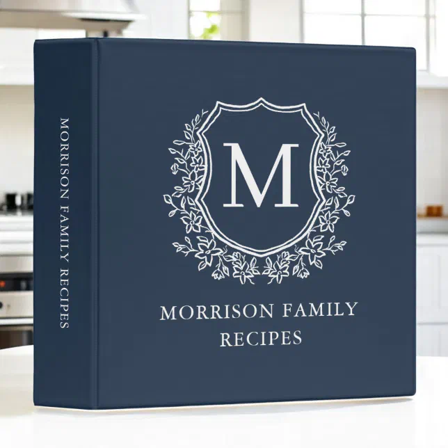 Navy Blue Floral Crest Monogram Family Recipe 3 Ring Binder | Zazzle