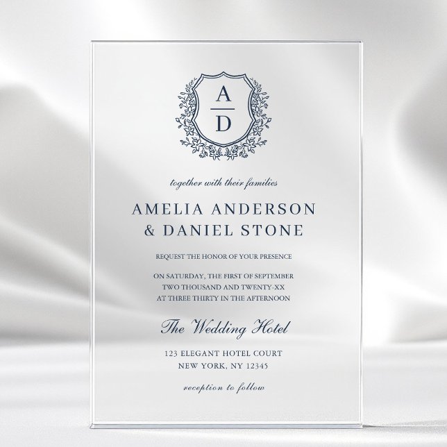 Navy Blue Floral Crest Monogram Wedding Elegant Acrylic Invitations (Creator Uploaded)