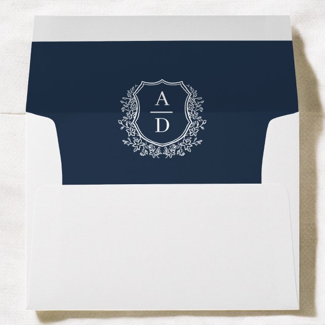 Navy Blue Floral Crest Monogram Wedding Envelope (Creator Uploaded)