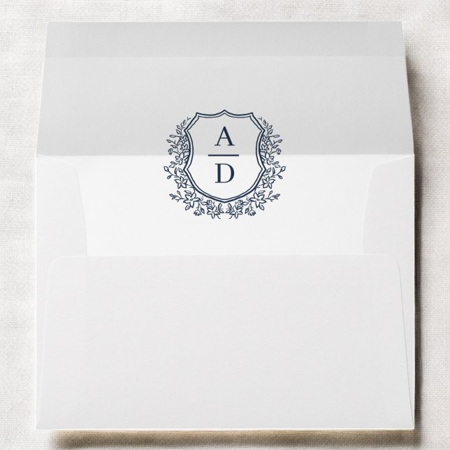 Navy Blue Floral Crest Monogram Wedding Envelope (Creator Uploaded)