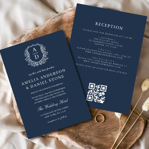 Navy Blue Floral Crest Monogram Wedding QR Code Invitation
