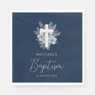 navy blue floral cross baptism napkins