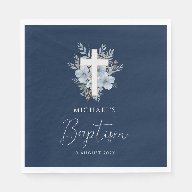 navy blue floral cross baptism napkins (Front)