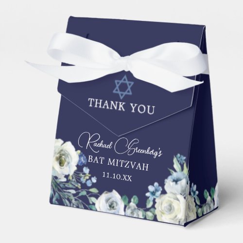 Navy Blue Floral Custom Elegant Bat Mitzvah Party Favor Boxes