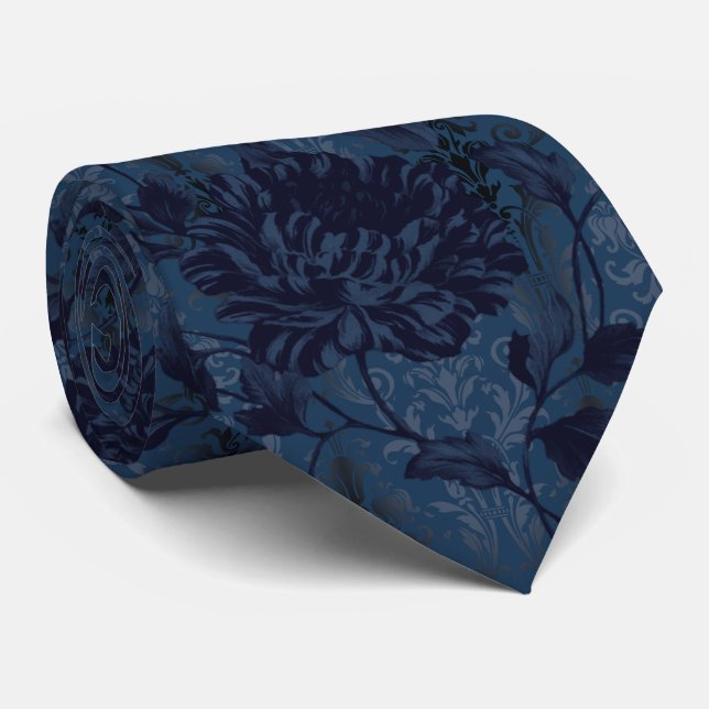 Navy Blue Floral Damask Aristocrat Wedding Neck Tie (Rolled)