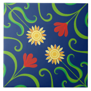 Navy Blue Floral Damask Sunflower Seamless Folk Ceramic Tile