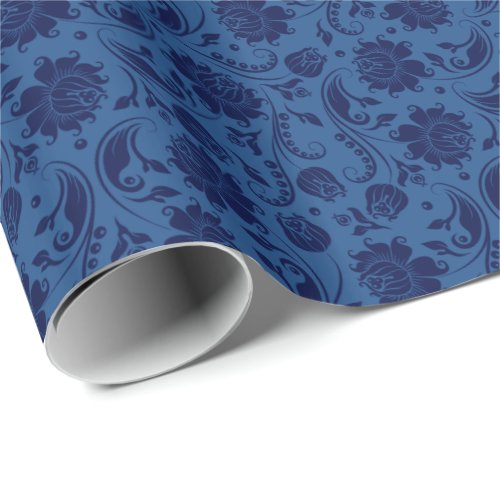 Navy Blue Floral Damasks Dark Blue Background Wrapping Paper