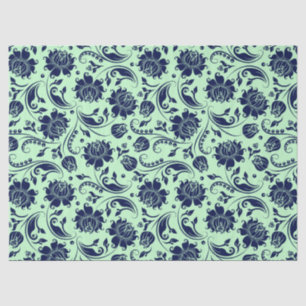 Navy Blue Floral Damasks Green Background Tissue Paper