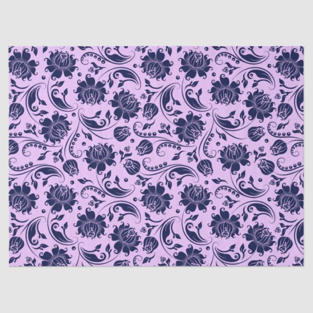 Navy Blue Floral Damasks Lavender Background Tissue Paper (Front)