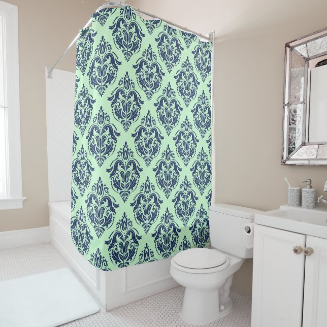 Navy Blue Floral Damasks Mint-Green Background Shower Curtain (In Situ)
