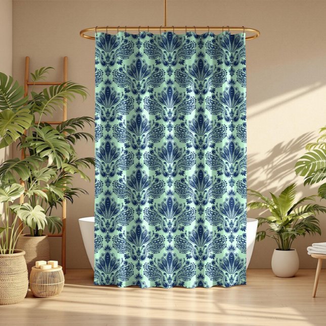 Navy Blue Floral Damasks On Light Green Background Shower Curtain (Creator Uploaded)