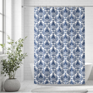 Navy Blue Floral Damasks On White Background Shower Curtain