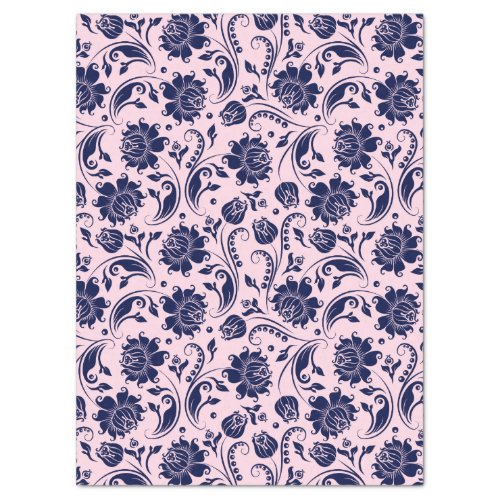 Navy Blue Floral Damasks Pink Background Tissue Paper