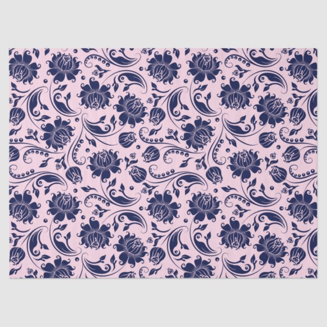 Navy Blue Floral Damasks Pink Background Tissue Paper (Front)