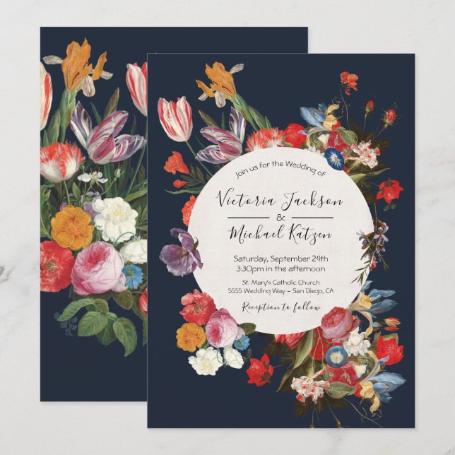 Navy Blue Floral Dark & Moody Wedding Invitation (Front/Back)