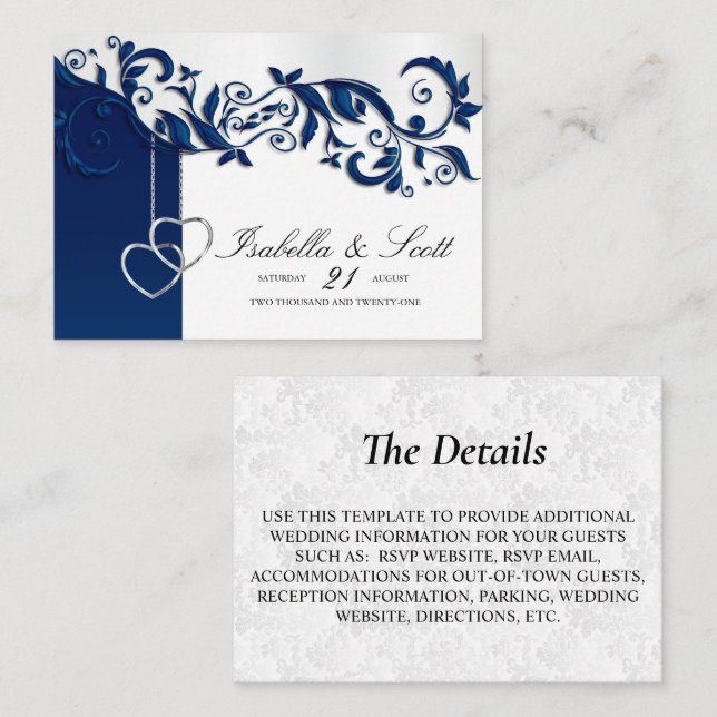 Navy Blue Floral Design - Details Enclosure Card (Front/Back)