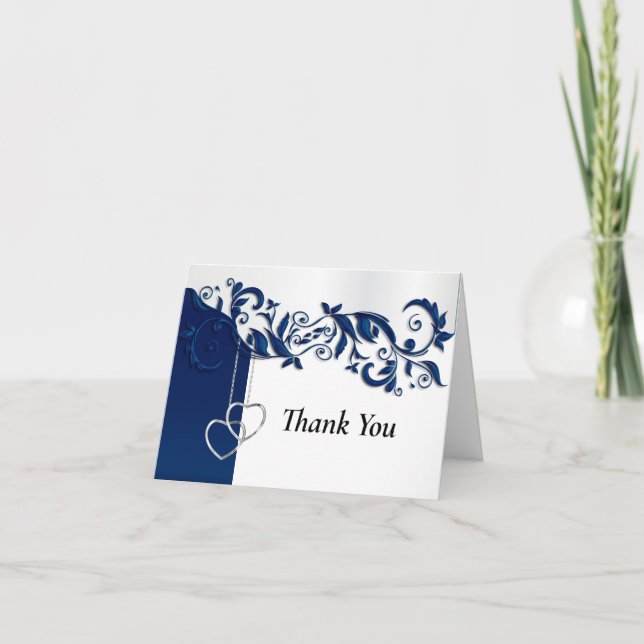 Navy Blue Floral Design  Letterpress Thank You Card (Front)