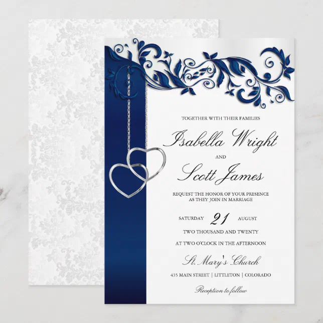Navy Blue Floral Design Wedding Invitation | Zazzle