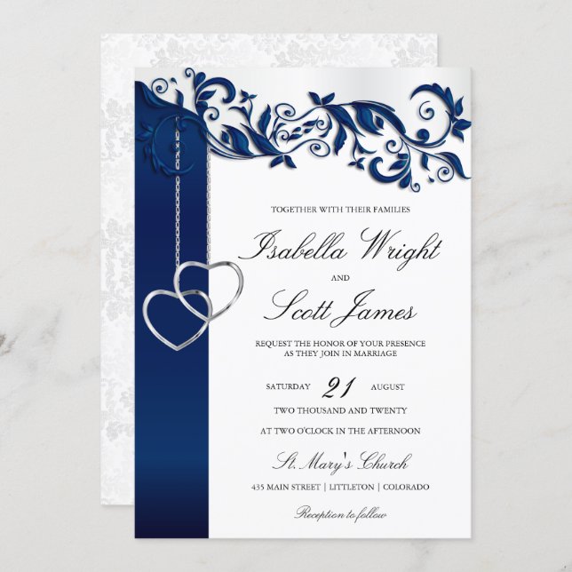 Navy Blue Floral Design Wedding Invitation (Front/Back)