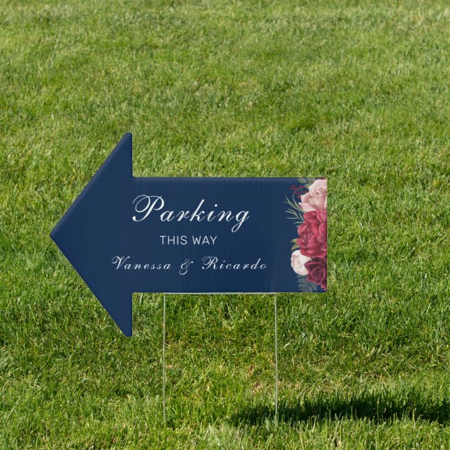 Navy Blue Floral  Directional Wedding Parking Sign (Insitu)