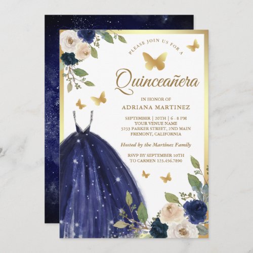 Navy Blue Floral Dress Butterfly Gold Quinceanera Invitation