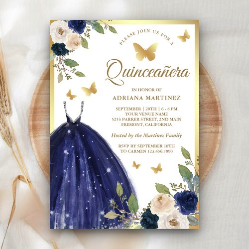 Navy Blue Floral Dress Butterfly Gold Quinceanera Invitation