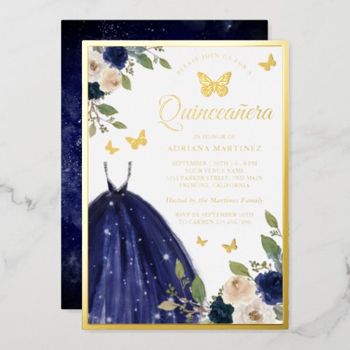 Navy Blue Floral Dress Butterfly Quinceanera Gold Foil Invitation