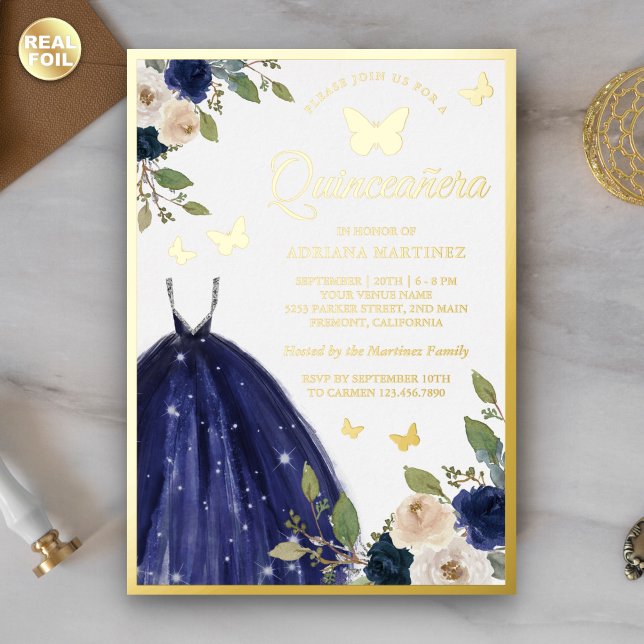 Navy Blue Floral Dress Butterfly Quinceanera Gold Foil Invitation (Creator Uploaded)
