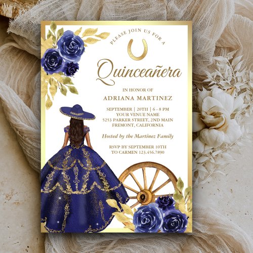 Navy Blue Floral Dress Charro Gold Quinceanera Invitation