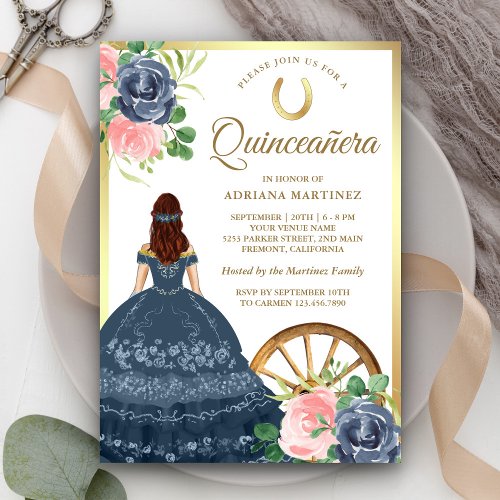 Navy Blue Floral Dress Charro Gold Quinceanera Invitation