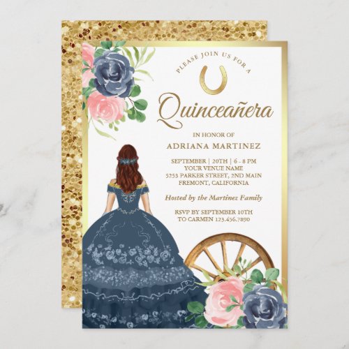 Navy Blue Floral Dress Charro Gold Quinceanera Invitation