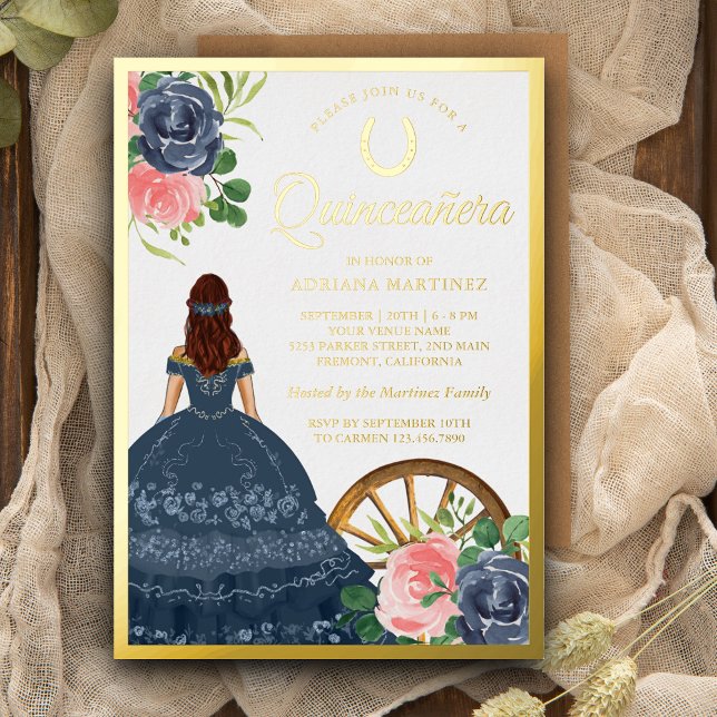 Navy Blue Floral Dress Charro Quinceanera Gold Foil Invitation (Creator Uploaded)