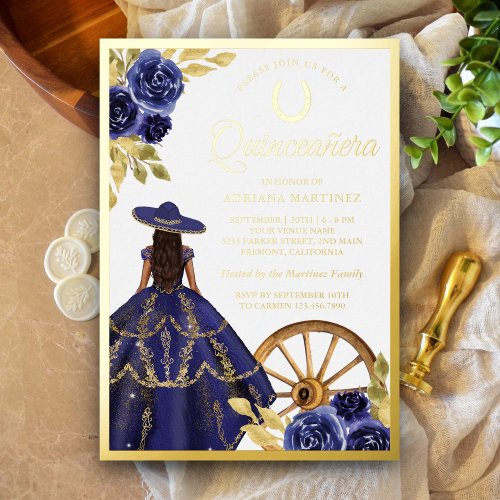 Navy Blue Floral Dress Charro Quinceanera Gold Foil Invitation