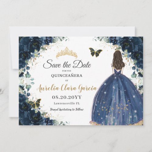 Navy Blue Floral Dress Quinceaera Save the Date