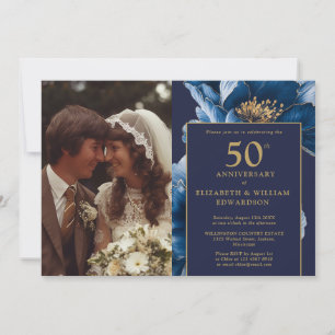 Navy Blue Floral Elegant 50th Anniversary Photo Invitation