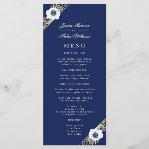 Navy Blue Floral Elegant Anemone Bouquet Wedding Menu