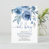 Navy blue floral elegant boy baby shower invitation (Standing Front)