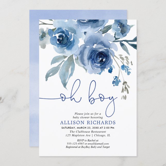 Navy blue floral elegant boy baby shower invitation (Front/Back)