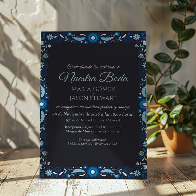 Navy Blue Floral Elegant Classic Spanish Wedding Invitation (Navy Blue Floral Elegant Classic Spanish Wedding Invitation)