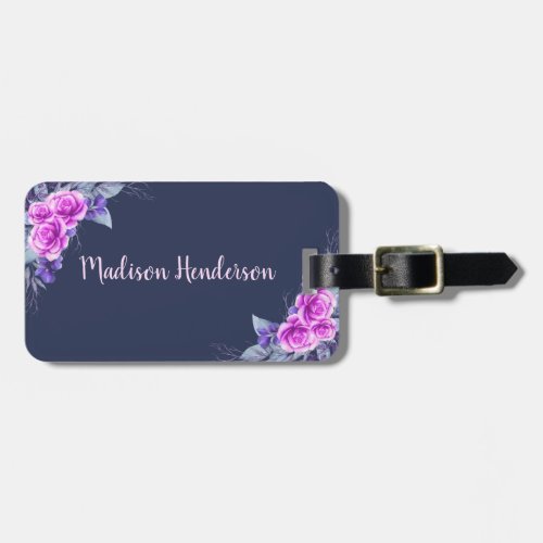 Navy Blue Floral Elegant Custom Name Luggage Tag