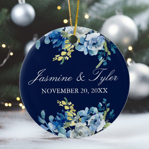 Navy Blue Floral Elegant Custom Wedding Photo Ceramic Ornament