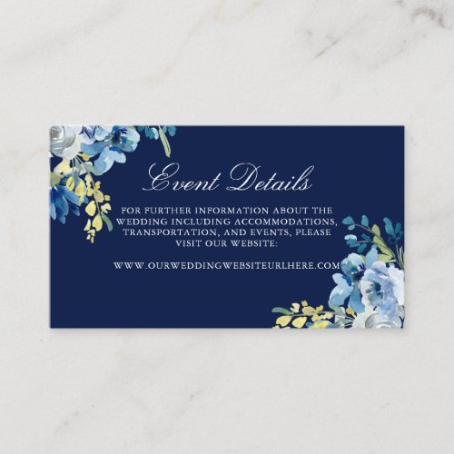 Navy Blue Floral Elegant Evening Wedding Details Enclosure Card