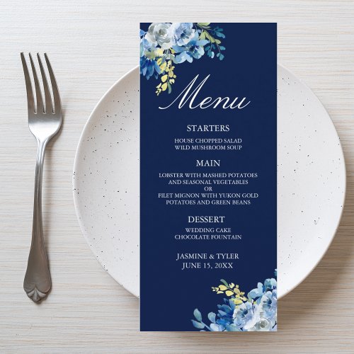 Navy Blue Floral Elegant Evening Wedding Dinner Menu