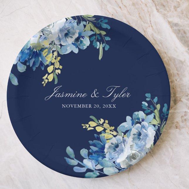 Navy Blue Floral Elegant Evening Wedding Paper Plates (Creator Uploaded)