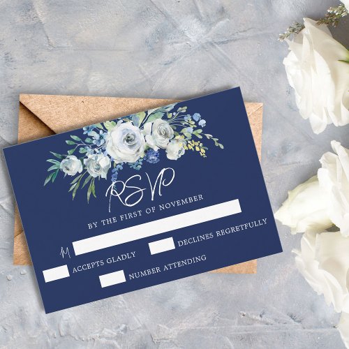 Navy Blue Floral Elegant Evening Wedding RSVP Card