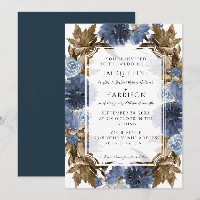 Navy Blue Floral Elegant Fall Foliage Wedding Invitation (Front/Back)