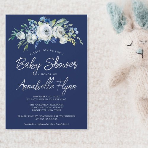Navy Blue Floral Elegant Modern Boy Baby Shower Invitation